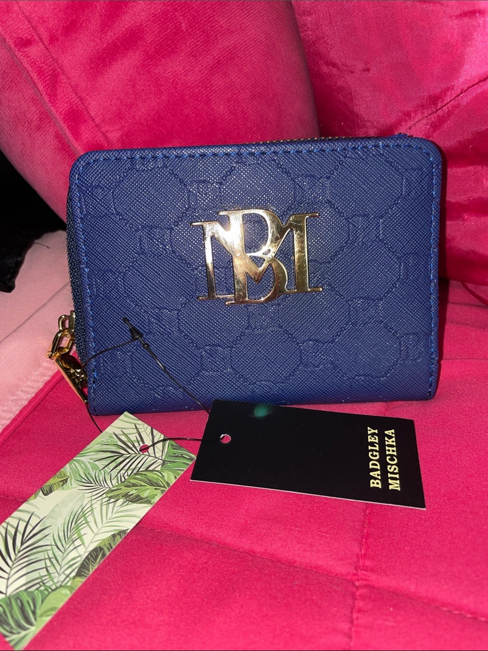 Badgley Mischka Royal Blue Zip Around Card Wallet with Gold Logo